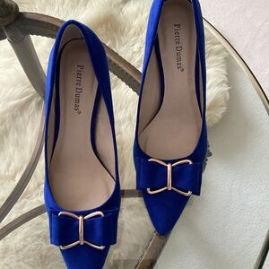 NWOT. Pretty Blue Suede Buckle Bow Pierre Dumas Heels